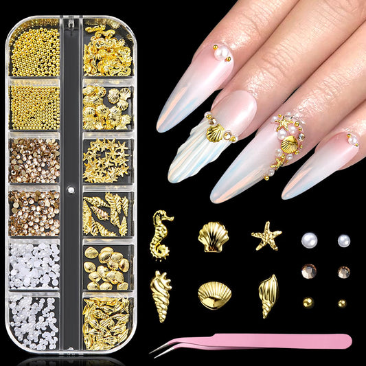 Furtherpretty front packaging showing full 12-grid summer nail charms set for organized use