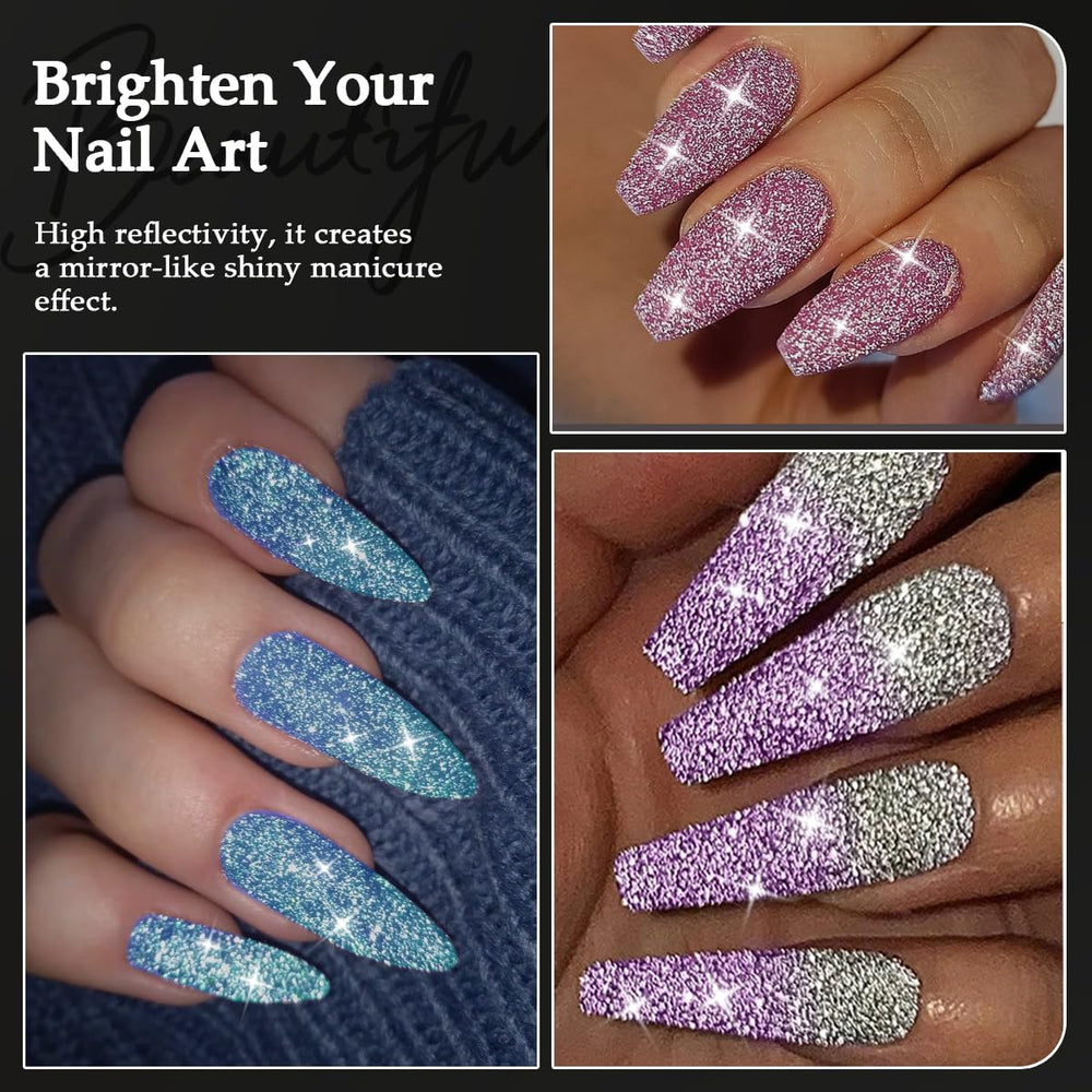Furtherpretty manicure setup on table showing finished reflective nails and styling benefit