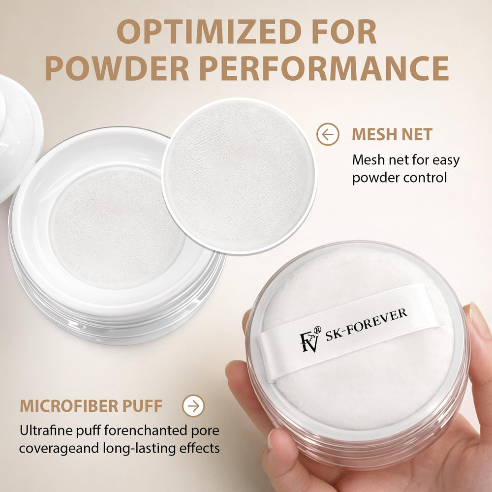 FV powder used for baking under eyes, indicates long-wear and crease prevention