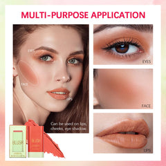 FYEBOO applying blush stick to cheek demonstrating quick touch-up convenience