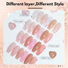 FZANEST color swatch strip of six milky pinks demonstrating buildable coverage