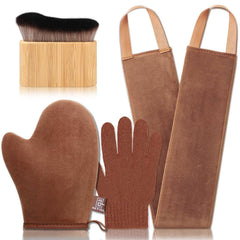 G GAIYAH front view of 4-piece tanning mitt kit showing all tools and benefits