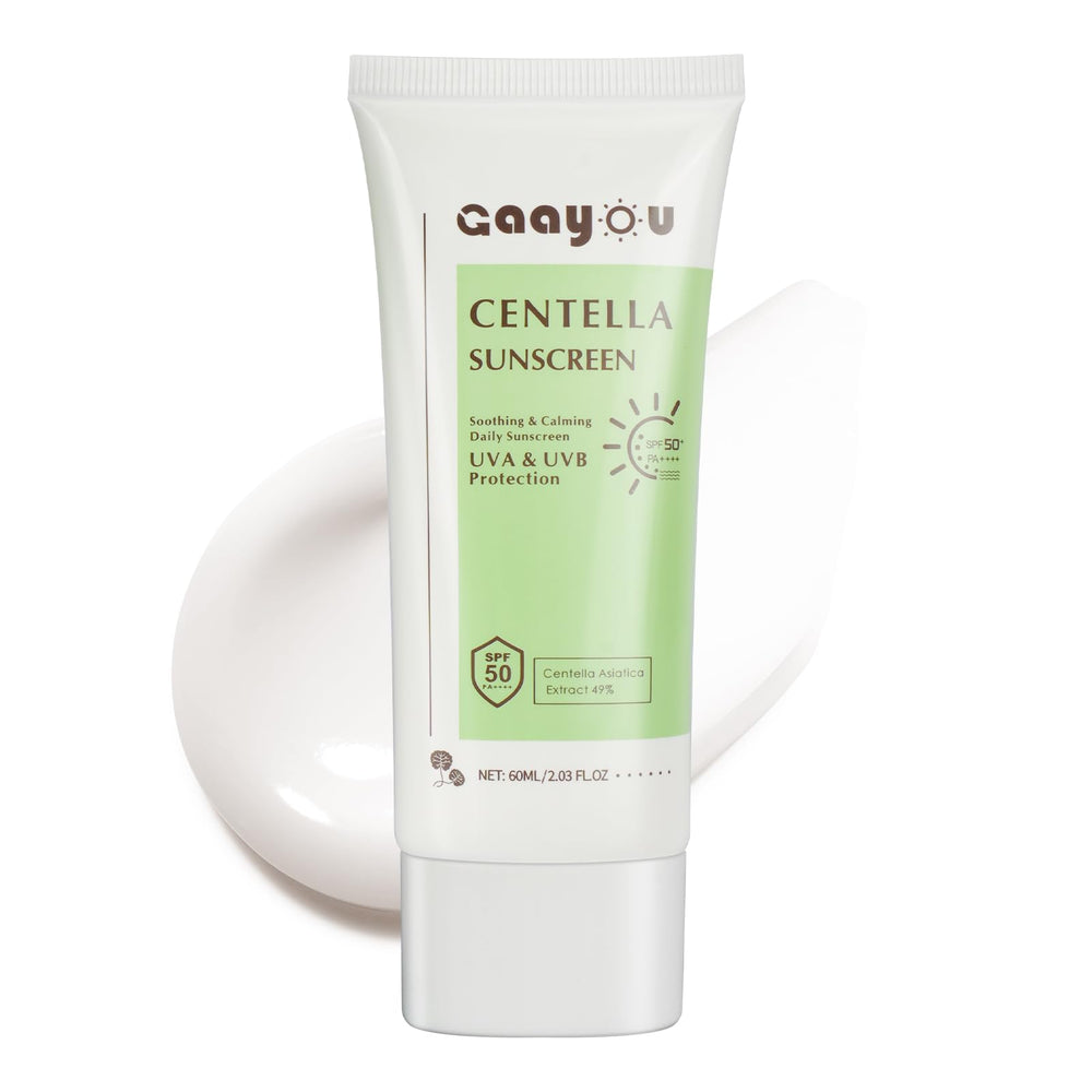 Gaayou centella sunscreen front packaging showing SPF50 protection and matte finish benefit