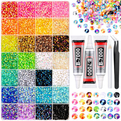 GA&EN front view of 28-grid storage box showing mixed-color rhinestones and tools for organized crafting