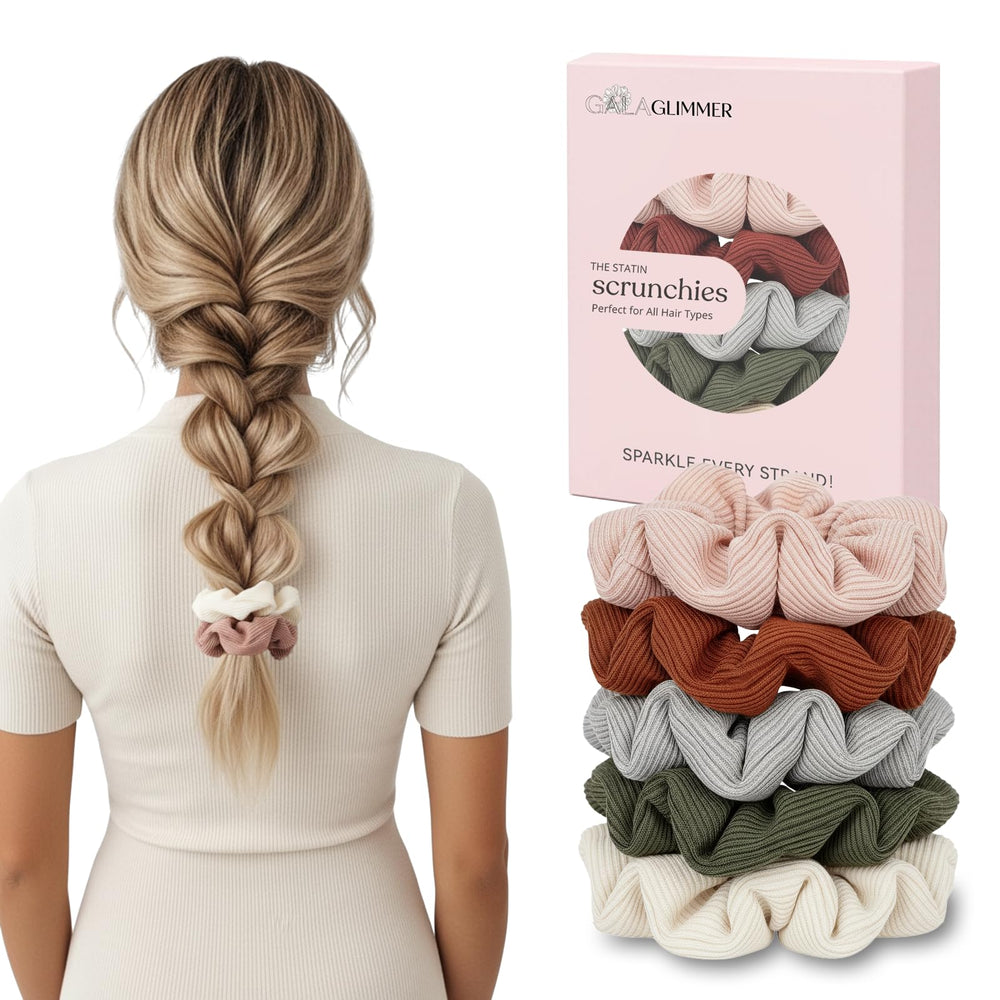 GALAGLIMMER front view of scrunchie set showing colors and packaging benefit durable style