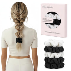 GALAGLIMMER front view of five-piece scrunchie pack shows classic neutrals and convenience