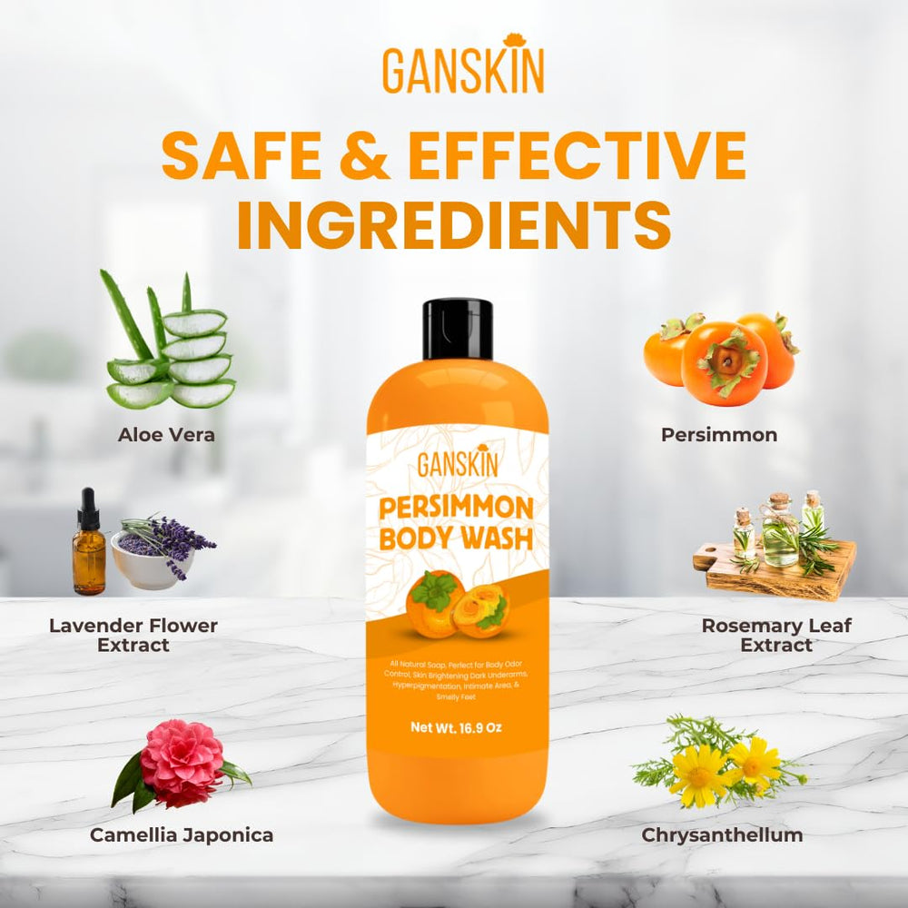 Ganskin persimmon body wash applied to feet for odor and freshness