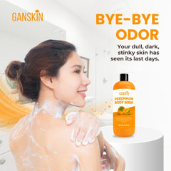 Ganskin persimmon body wash bottle next to hand showing size and scale
