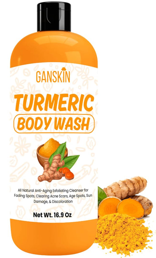 Ganskin front bottle showing turmeric body wash benefits and glow