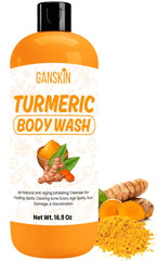 Ganskin front bottle showing turmeric body wash benefits and glow