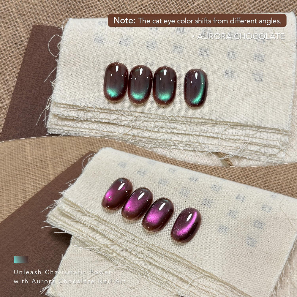 GAOY swatch on nail tip showing Aurora Chocolate shimmer and color shift