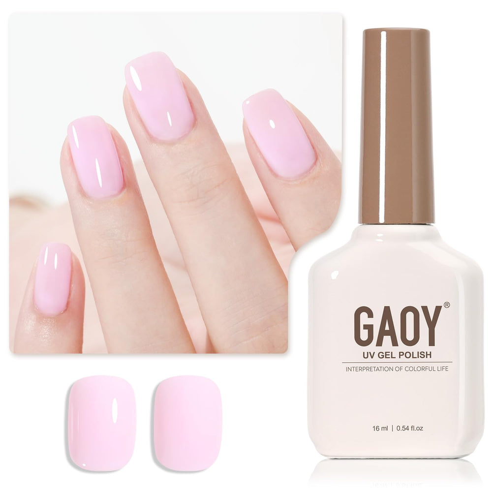 GAOY bottle front view showing baby pink shade and clear label for easy color choice