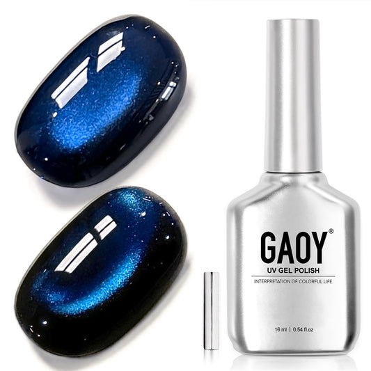 GAOY bottle front packaging showing blue cat eye polish, clear label and benefit