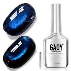 GAOY bottle front packaging showing blue cat eye polish, clear label and benefit