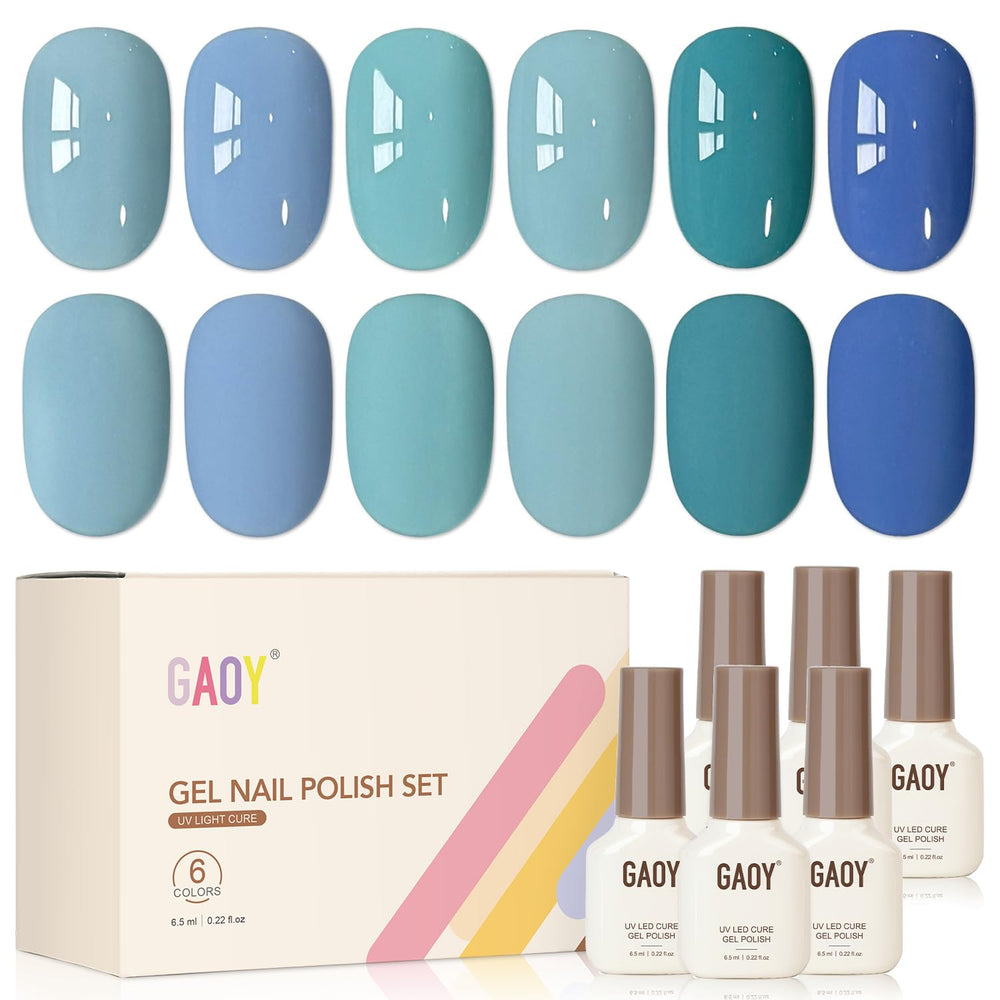 GAOY blue gel set front packaging showing six bottles and benefits