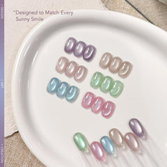 GAOY bottles lined up to show the six icy sheer shades and holographic sparkle