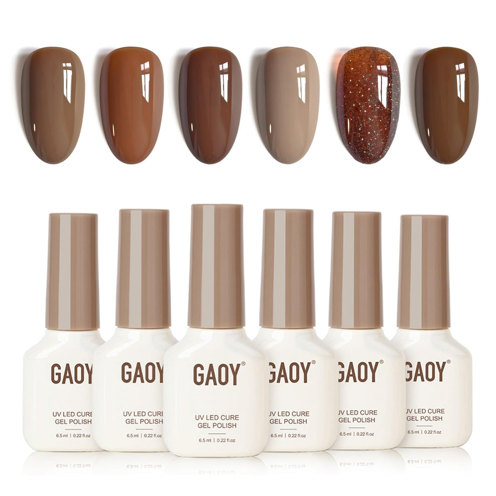 GAOY front packaging showing six fall brown gel polish bottles and set benefit