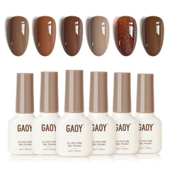 GAOY front packaging showing six fall brown gel polish bottles and set benefit