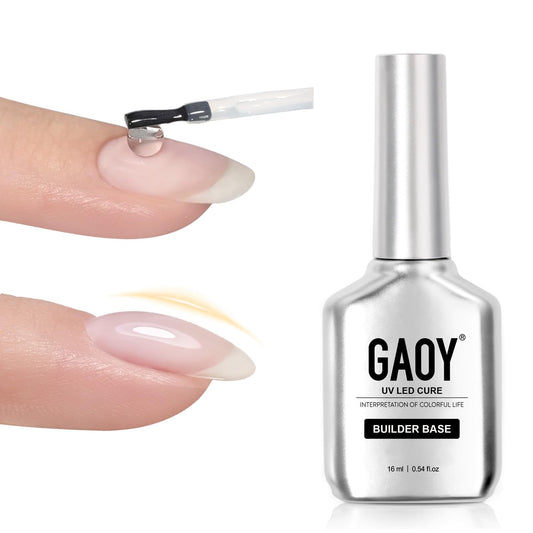 GAOY clear builder base bottle front showing chrome silver design and 16ml benefit