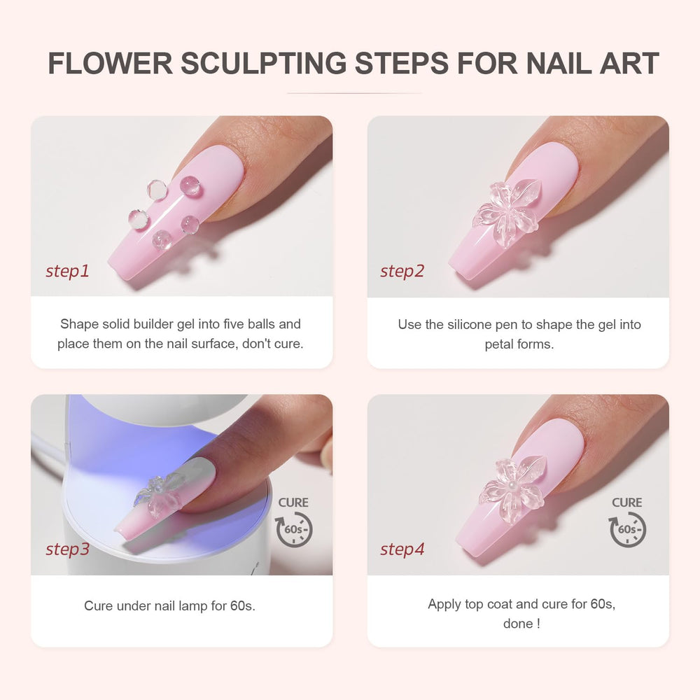 GAOY clear 3D sculpting gel finished manicure showing raised design and long-lasting benefit