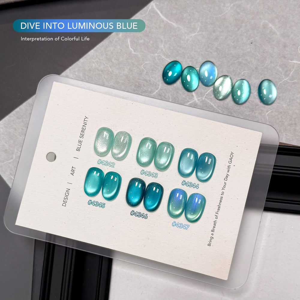 GAOY color swatch fan of six blue shades showing holographic shifts and easy selection benefit