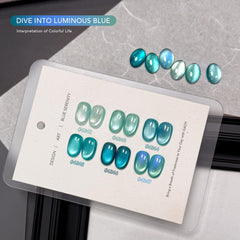 GAOY color swatch fan of six blue shades showing holographic shifts and easy selection benefit