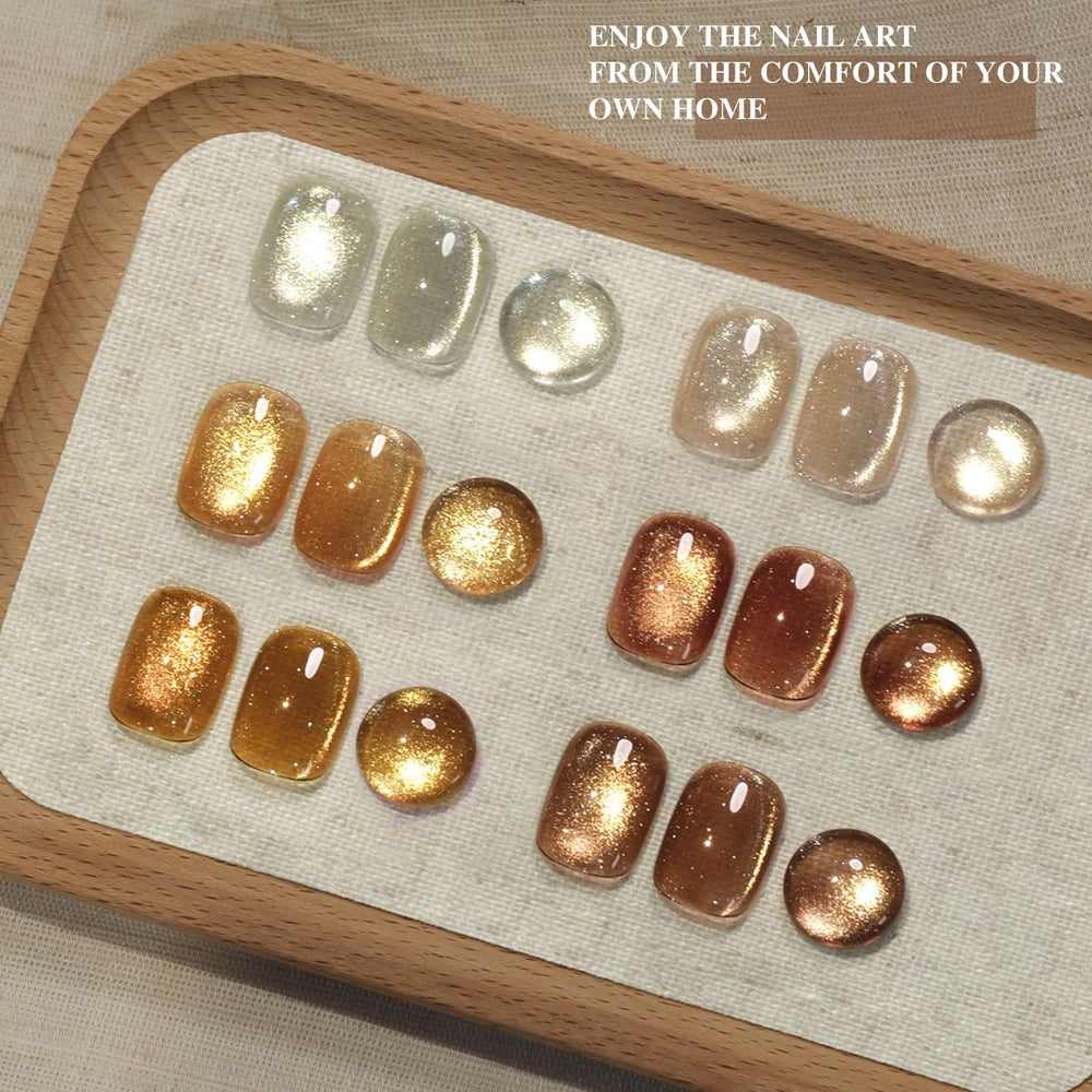 GAOY fanned swatches illustrating gold, brown, and silver-holographic shades for creative layering