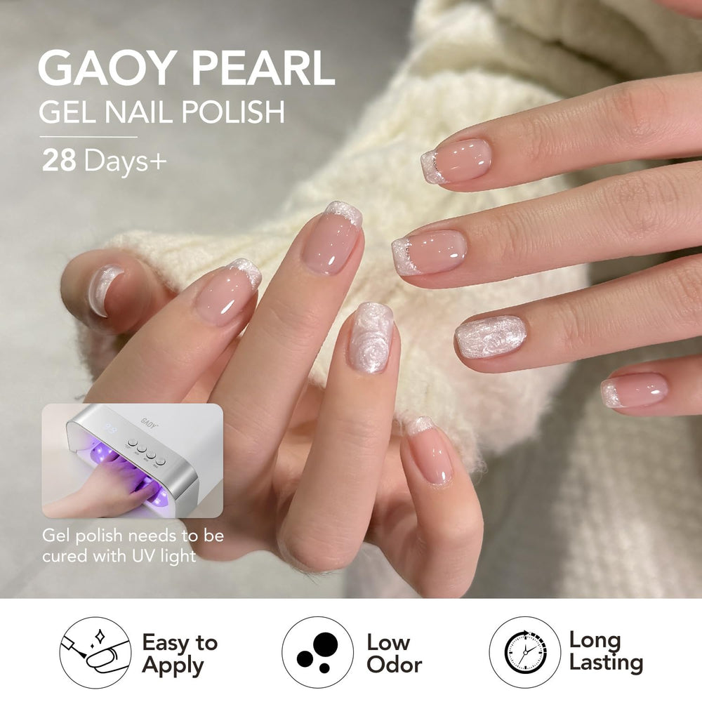 GAOY finished manicure lifestyle shot on model hands showcasing glossy pearl shine and wearable elegance benefit