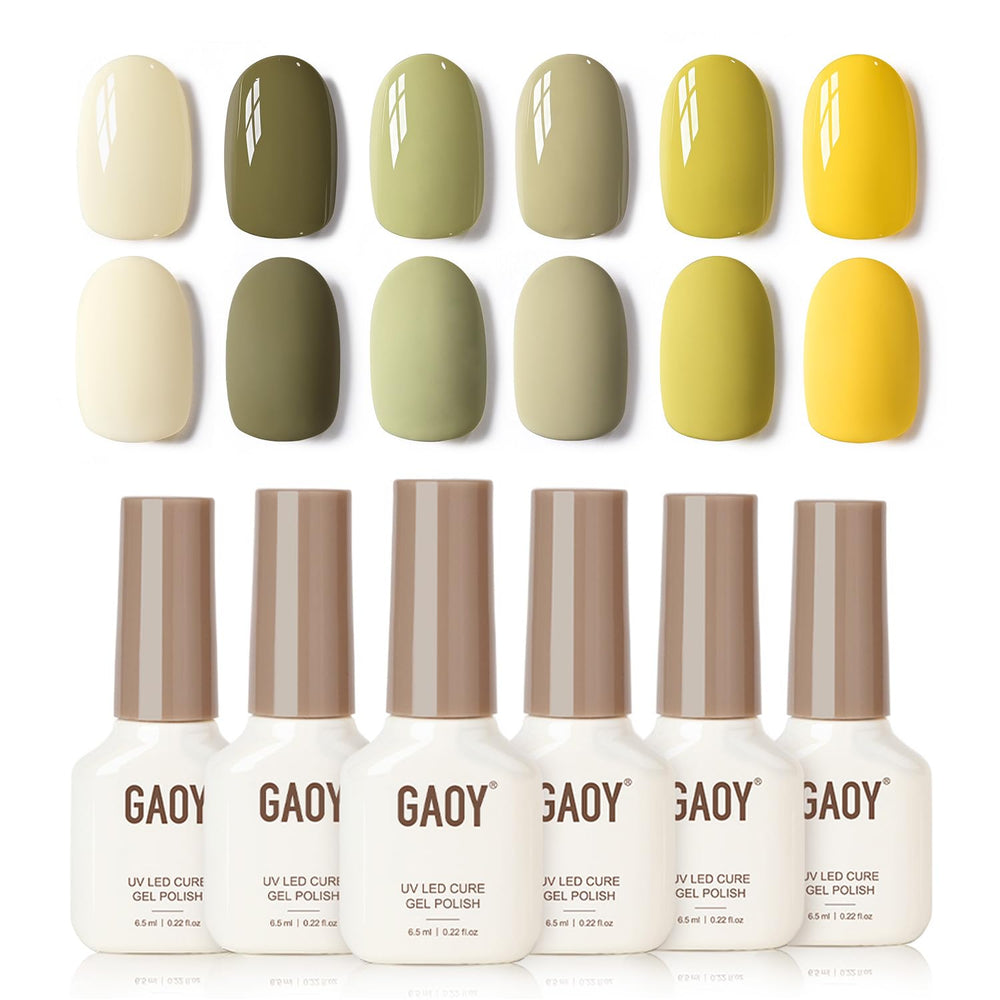 GAOY front packaging showing six forest-inspired gel polish shades and tidy box for choice