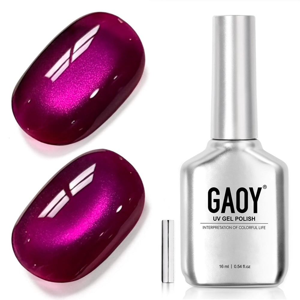 GAOY bottle front view showing hot pink holographic gel and brand label for easy identification