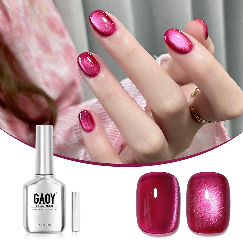 GAOY bottle front view showing hot pink cat eye polish and label benefit bold color