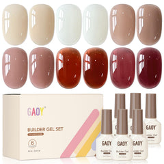 GAOY front packaging showing six builder gel bottles and organized shades benefit visible selection
