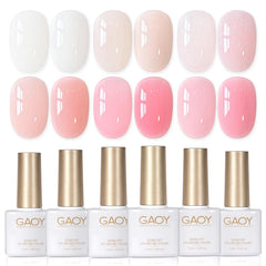 GAOY front packaging showing six rubber base gel bottles and benefits