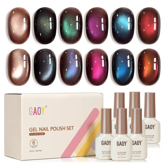 GAOY front packaging showing six chameleon cat eye gels, clear kit benefits