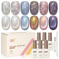 GAOY front packaging showing six cat eye gel bottles and tools for instant artistry