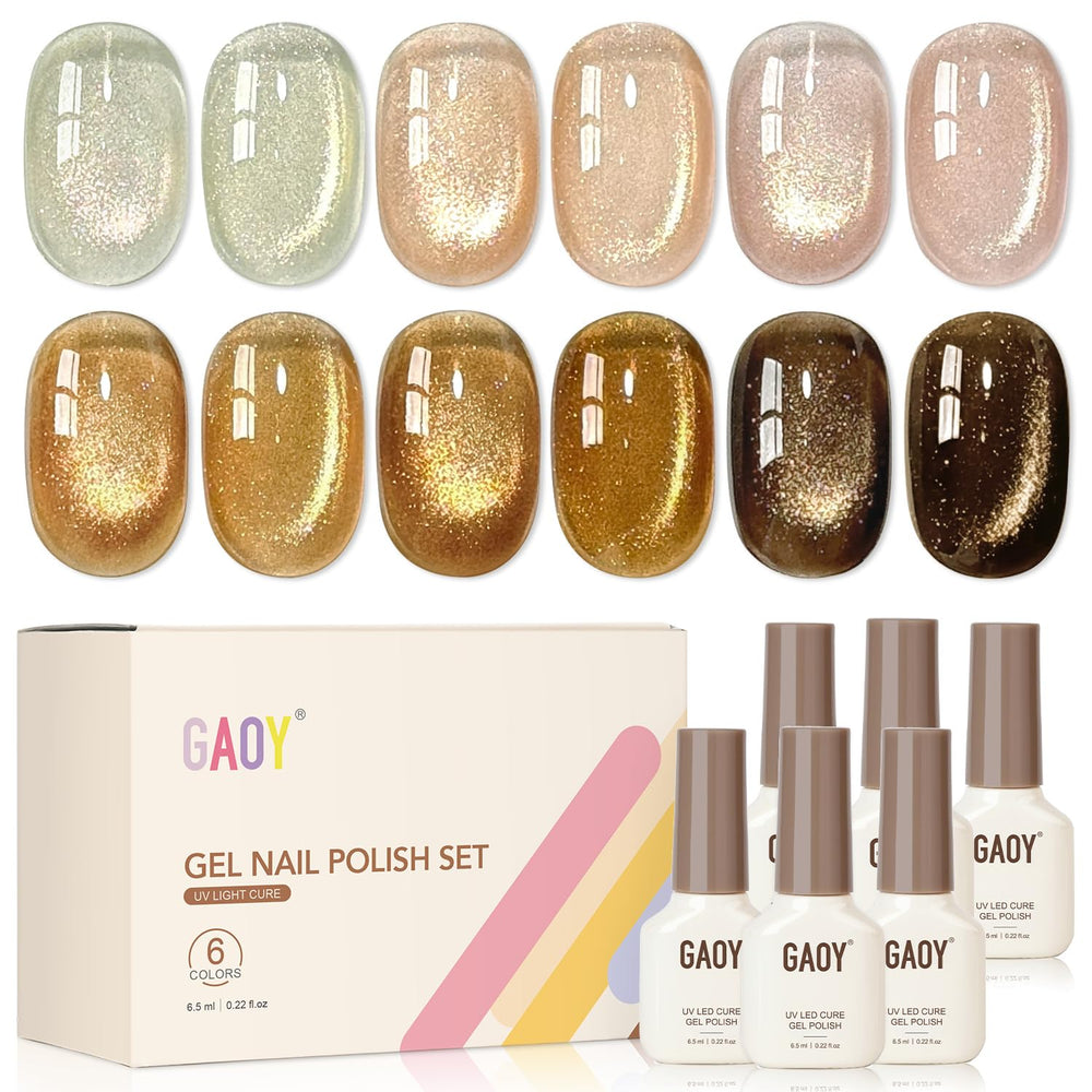 GAOY front packaging showing six cat eye gel bottles and included magnet, professional kit benefit