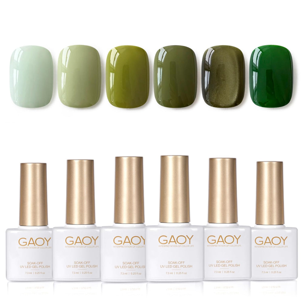 GAOY front packaging showing six dark green cat eye gel bottles benefits quick at-home styling