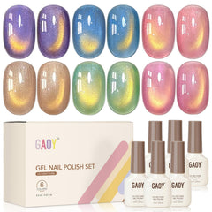 GAOY front packaging showing six glitter cat eye gel bottles and magnet, attractive kit presentation