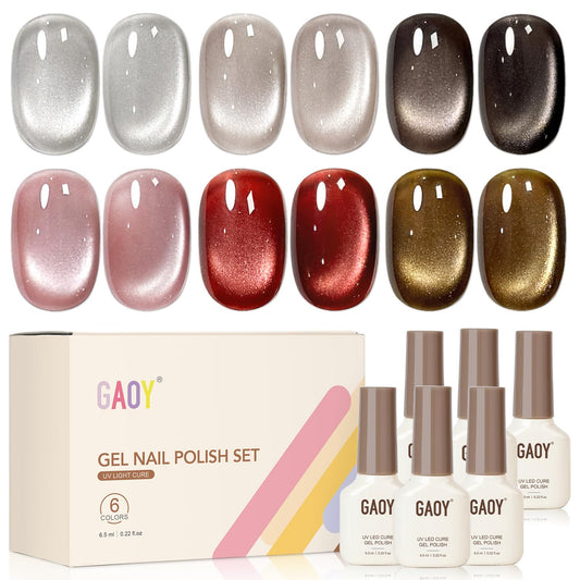 GAOY front packaging showing six glitter cat eye bottles and magnet, clear kit benefit