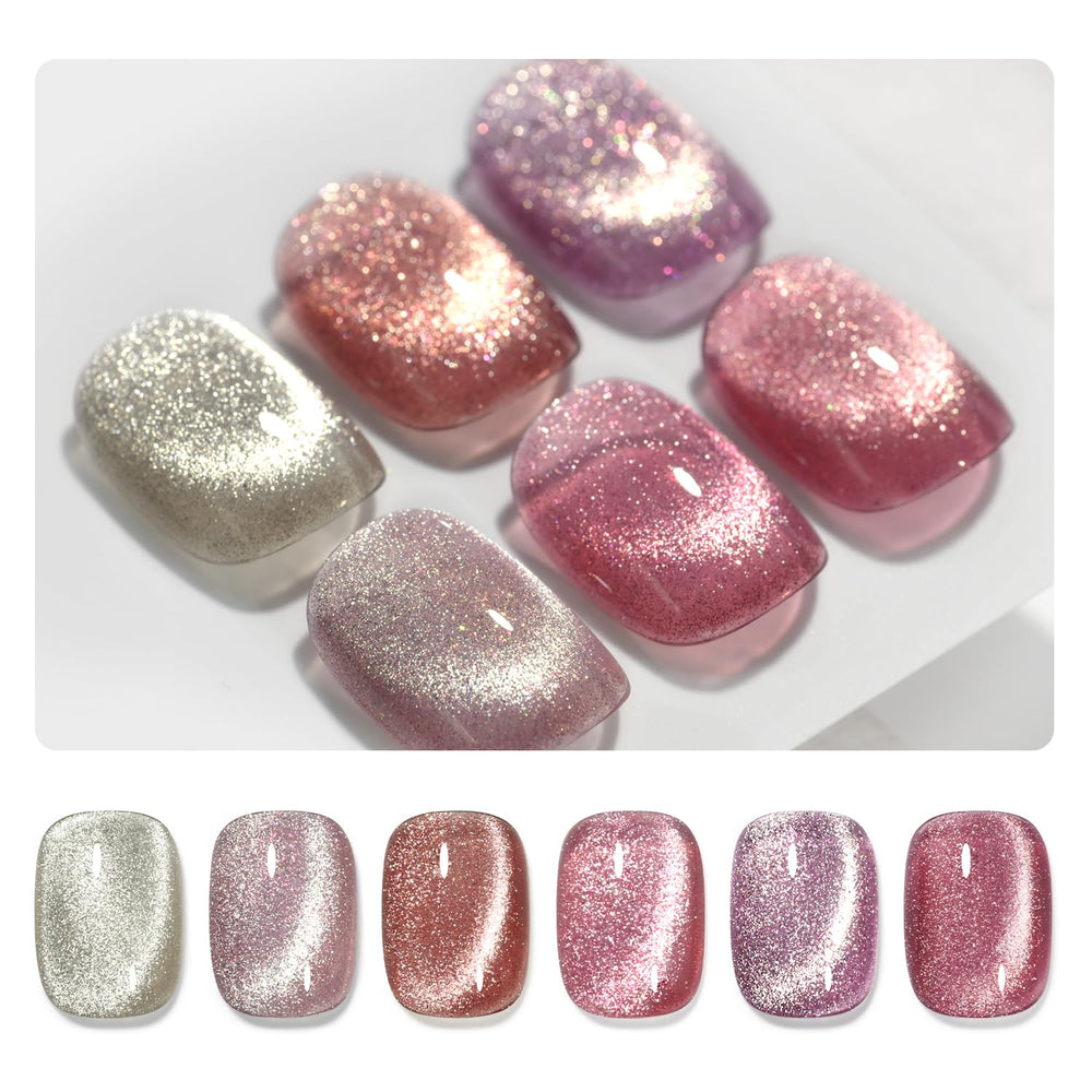 GAOY front packaging showing six glitter cat eye bottles and magnet, professional kit benefit