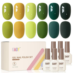 GAOY front packaging of six green gel polishes showing set and benefits