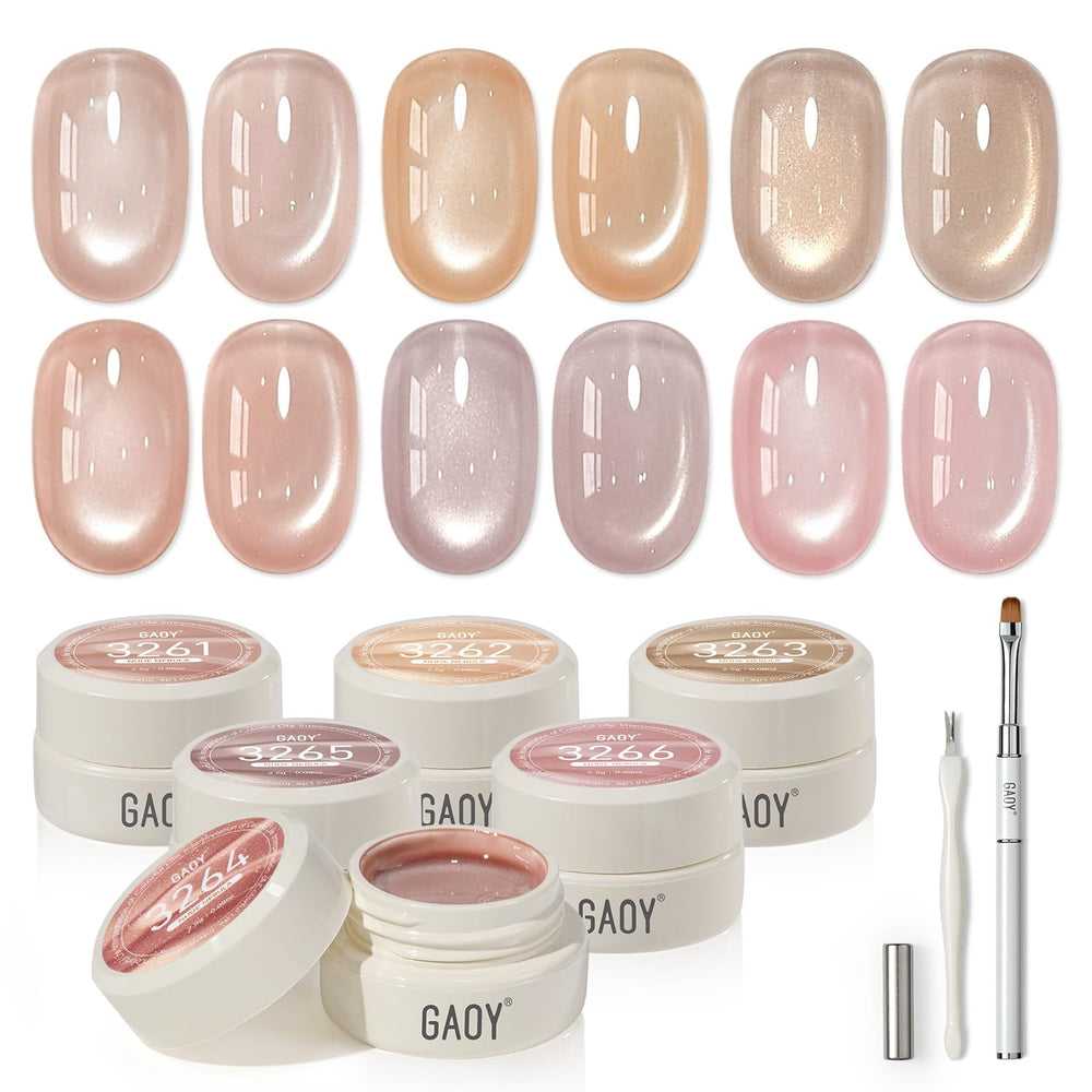 GAOY front packaging showing six nude nebula gel pots for cohesive manicures