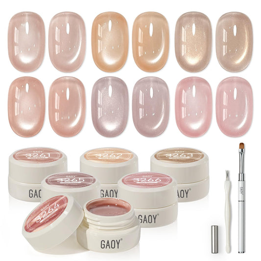 GAOY front packaging showing six nude nebula gel pots for cohesive manicures
