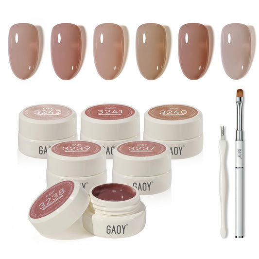 GAOY front packaging showing six nude jelly gel pots and kit benefits