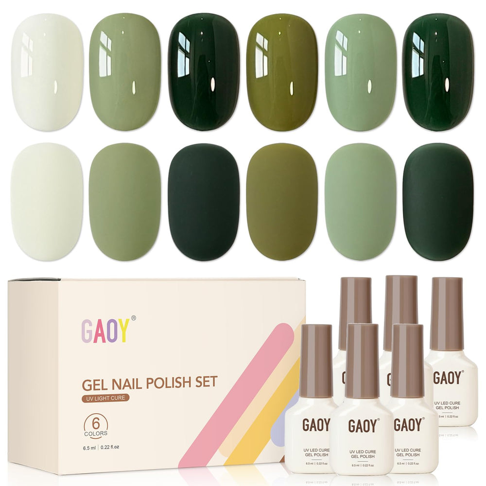 GAOY front packaging showing six mini gel bottles and color lineup for effortless manicures