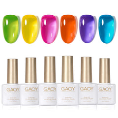 GAOY front packaging showing six sheer neon gel bottles and kit benefits