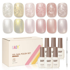 GAOY front packaging showing six pearlescent gel bottles and included dotting pen, clear kit view and benefit
