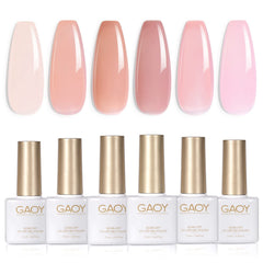 GAOY front packaging showing six sheer pink gel bottles and easy selection benefit