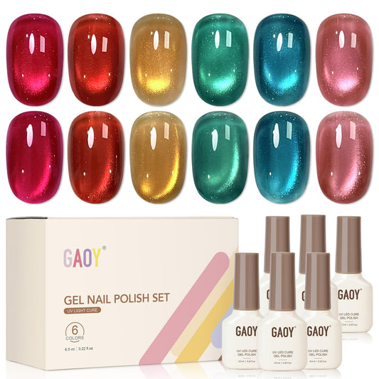 GAOY front packaging showing six bottles and magnet tool, easy salon-style results