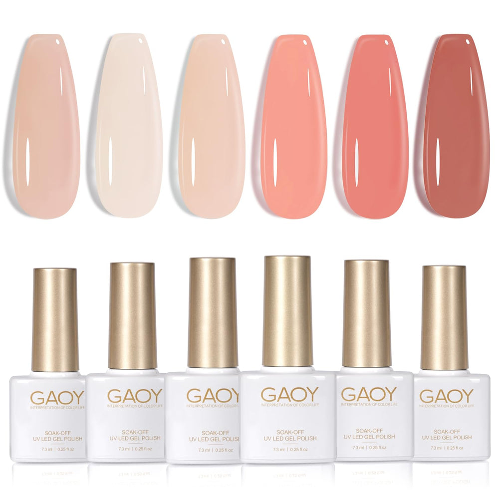 GAOY front packaging showing six sheer pink gel bottles, clear product overview